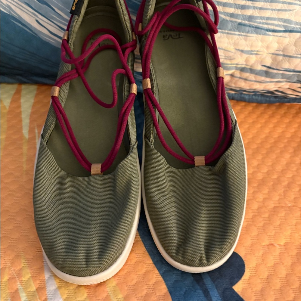 Teva Green and Red Flats with Crisscross Straps